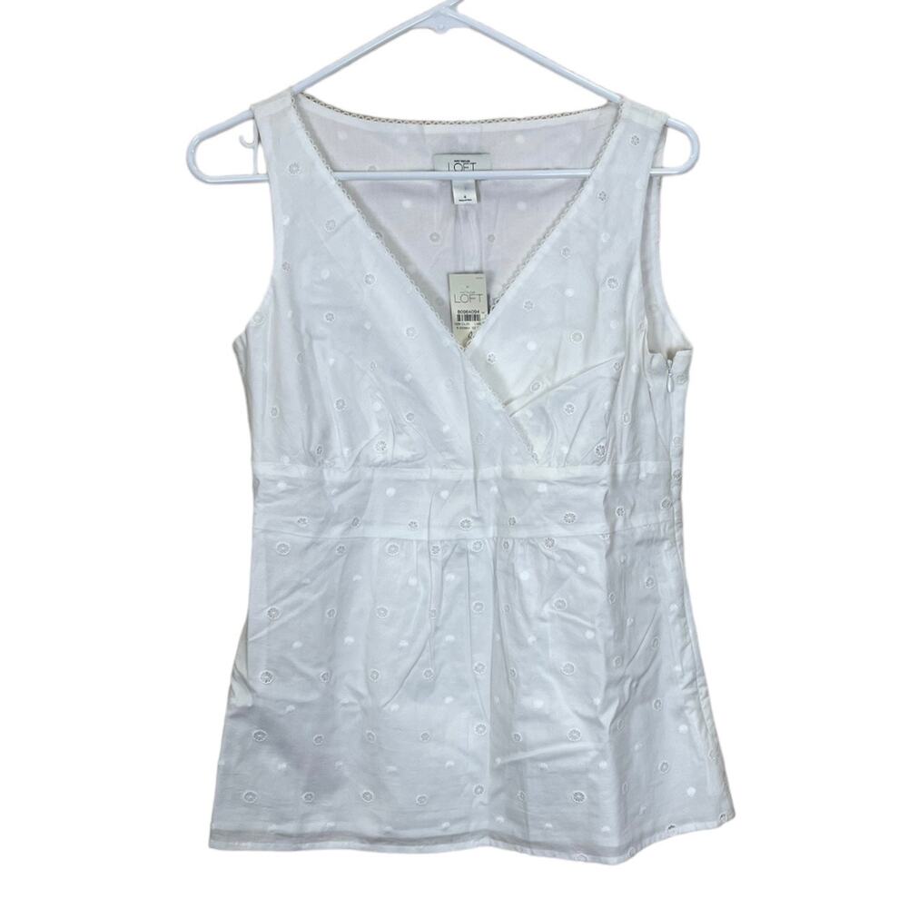 NEW LOFT Sleeveless V-Neck White Embroidered Blouse Cotton Lined Women's Medium